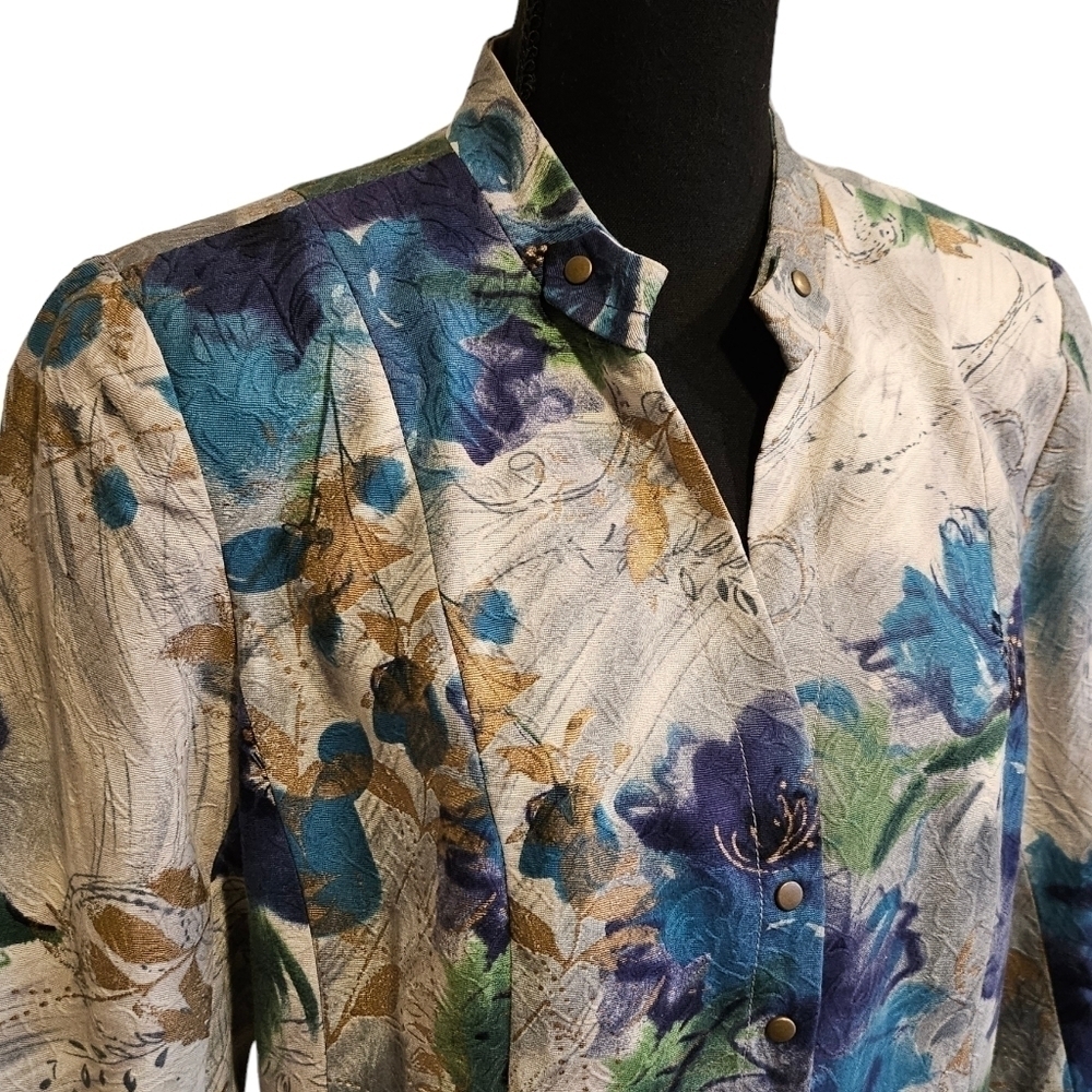 Coldwater Creek Watercolor Paint Floral Snap Up 100% Cotton Shell Jacket Size 14 - Picture 3 of 10